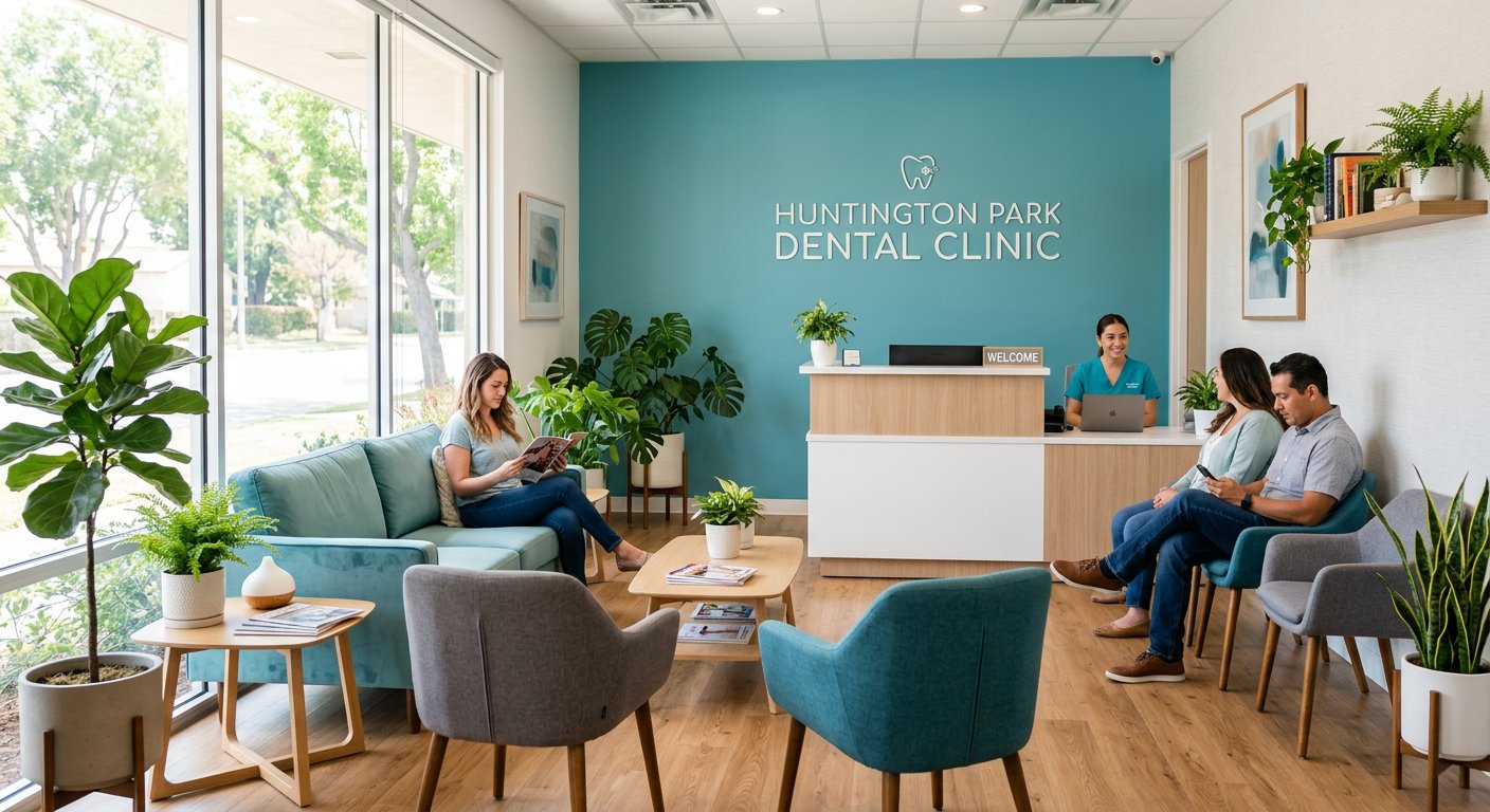 The welcoming waiting room and front desk at Huntington Park Dental Clinic